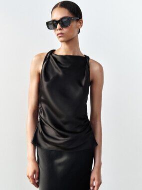 Zara XL Black Satin Tank w/ Twisted Straps and Ruching EUC